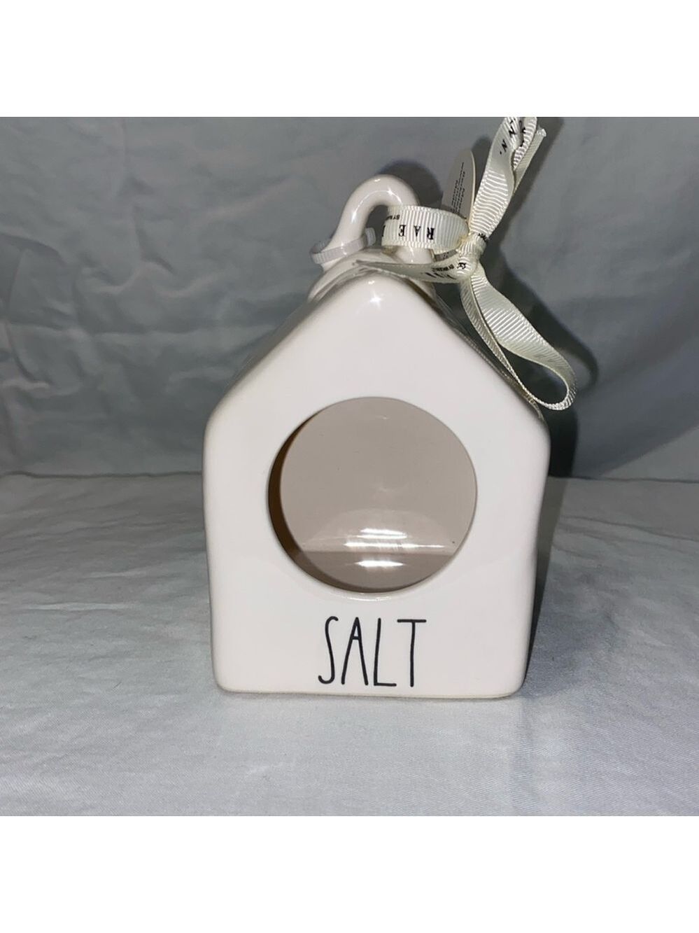 NWT Rae Dunn “Salt” salt pig, missing little wooden spoon. Shaped likes a house.